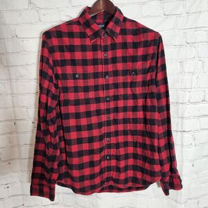 J Crew Mens L Flannel Dress Shirt Red Black Plaid Long Sleeve Button Up Casual